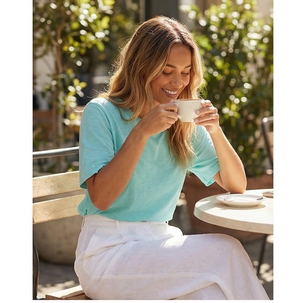 Eileen Fisher Woman 3X Organic Cotton Slub Jersey Crew Neck Tee Aqua‎ Blue Green
